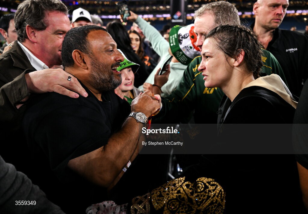 5 September 2026; Katie Taylor meets Prince Naseem Hamed following her undisputed super lightweight championship fight victory over Flora Pili at the Once Upon A Time fight night in Croke Park, Dublin. Photo by Stephen McCarthy/Sportsfile