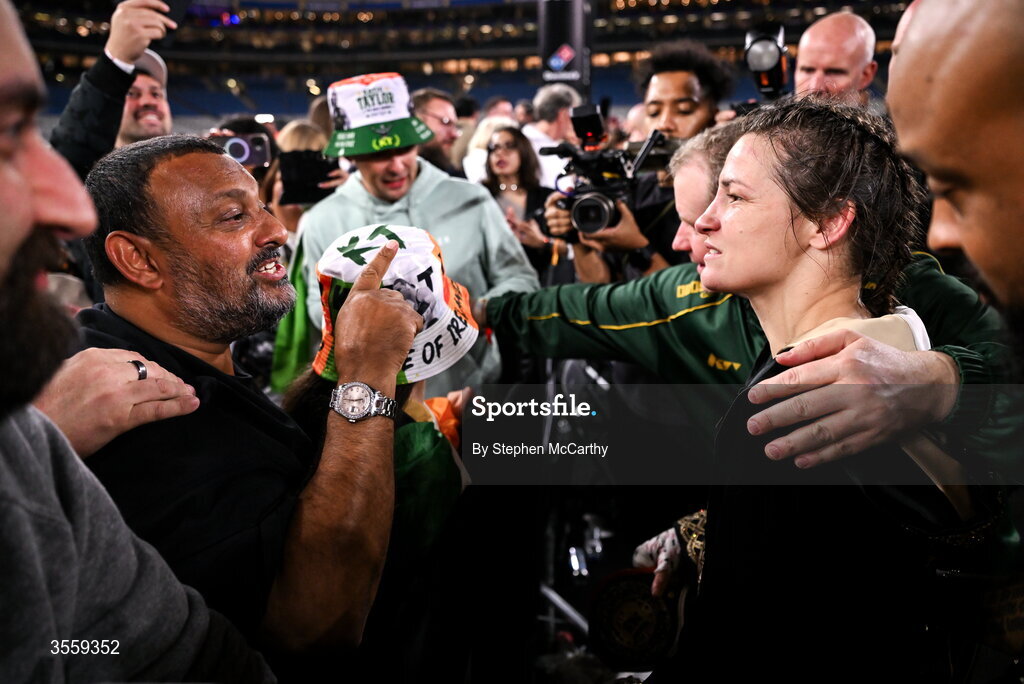 5 September 2026; Katie Taylor meets Prince Naseem Hamed following her undisputed super lightweight championship fight victory over Flora Pili at the Once Upon A Time fight night in Croke Park, Dublin. Photo by Stephen McCarthy/Sportsfile