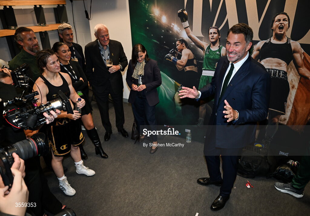 5 September 2026; Chairman of Matchroom Sports Eddie Hearn speaks to Katie Taylor in her dressing room following her undisputed super lightweight championship fight victory over Flora Pili at the Once Upon A Time fight night in Croke Park, Dublin. Photo by Stephen McCarthy/Sportsfile