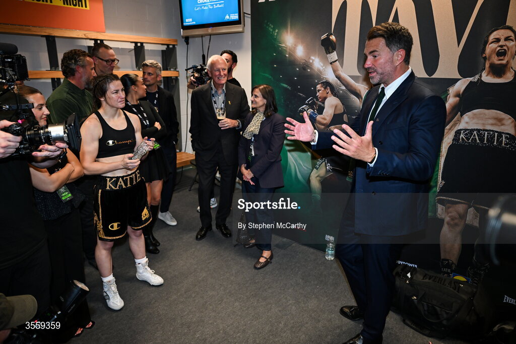 5 September 2026; Chairman of Matchroom Sports Eddie Hearn speaks to Katie Taylor in her dressing room following her undisputed super lightweight championship fight victory over Flora Pili at the Once Upon A Time fight night in Croke Park, Dublin. Photo by Stephen McCarthy/Sportsfile