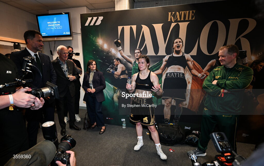 5 September 2026; Katie Taylor speaks in her dressing room following her undisputed super lightweight championship fight victory over Flora Pili at the Once Upon A Time fight night in Croke Park, Dublin. Photo by Stephen McCarthy/Sportsfile