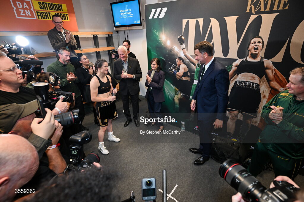 5 September 2026; Katie Taylor with Chairman of Matchroom Sports Eddie Hearn in her dressing room following her undisputed super lightweight championship fight victory over Flora Pili at the Once Upon A Time fight night in Croke Park, Dublin. Photo by Stephen McCarthy/Sportsfile