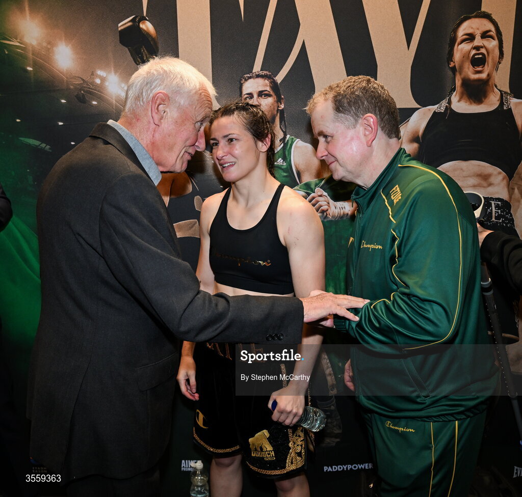 5 September 2026; Katie Taylor in her dressing room with President of Matchroom Sport Barry Hearn and manager Brian Peters following her undisputed super lightweight championship fight victory over Flora Pili at the Once Upon A Time fight night in Croke Park, Dublin. Photo by Stephen McCarthy/Sportsfile