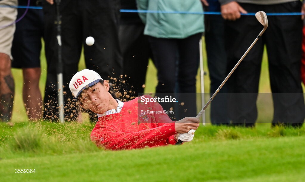 6 September 2026; Ethan Fang of USA plays out of the bunker on the second hole during the morning foursomes on day two of the 51st Walker Cup at Lahinch Golf Club in Lahinch, Clare. Photo by Ramsey Cardy/Sportsfile