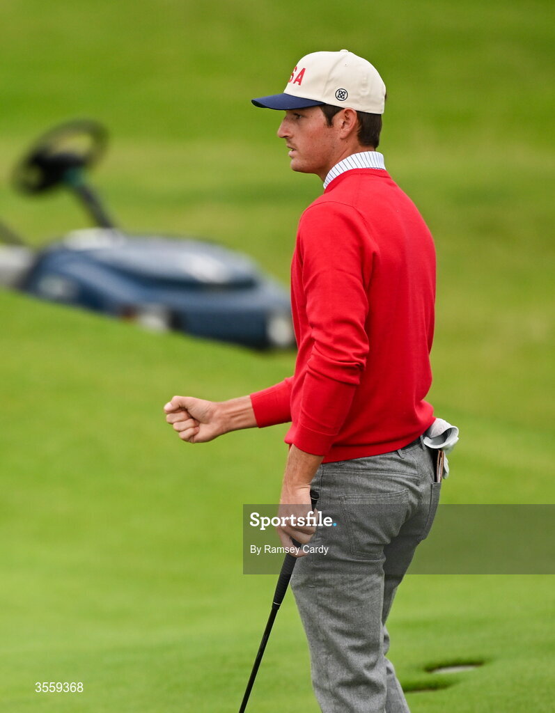 6 September 2026; Preston Stout of USA celebrates a putt on the second hole during the morning foursomes on day two of the 51st Walker Cup at Lahinch Golf Club in Lahinch, Clare. Photo by Ramsey Cardy/Sportsfile