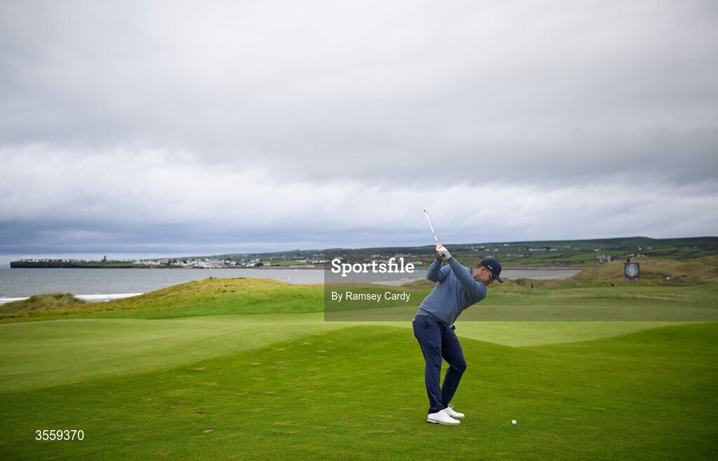 6 September 2026; Eliot Baker of Great Britain and Ireland plays from the fairway on the second hole during the morning foursomes on day two of the 51st Walker Cup at Lahinch Golf Club in Lahinch, Clare. Photo by Ramsey Cardy/Sportsfile