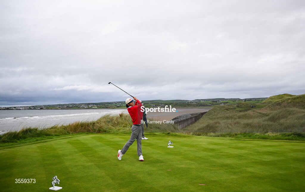 6 September 2026; Ethan Fang of USA watches his tee shot on the fourth hole during the morning foursomes on day two of the 51st Walker Cup at Lahinch Golf Club in Lahinch, Clare. Photo by Ramsey Cardy/Sportsfile