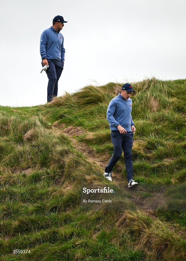 6 September 2026; Stuart Grehan, below, and Eliot Baker of Great Britain and Ireland on the fourth hole during the morning foursomes on day two of the 51st Walker Cup at Lahinch Golf Club in Lahinch, Clare. Photo by Ramsey Cardy/Sportsfile