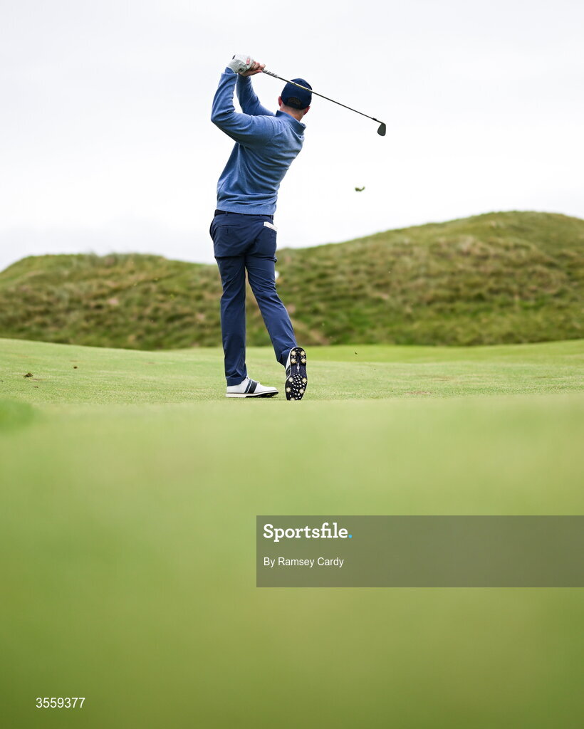 6 September 2026; Stuart Grehan of Great Britain and Ireland plays from the fairway on the fourth hole during the morning foursomes on day two of the 51st Walker Cup at Lahinch Golf Club in Lahinch, Clare. Photo by Ramsey Cardy/Sportsfile