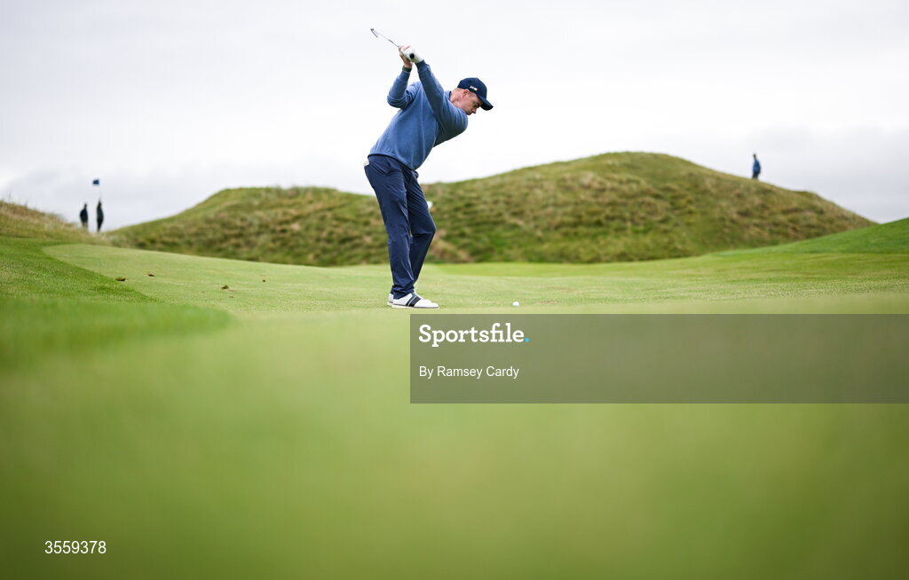 6 September 2026; Stuart Grehan of Great Britain and Ireland plays from the fairway on the fourth hole during the morning foursomes on day two of the 51st Walker Cup at Lahinch Golf Club in Lahinch, Clare. Photo by Ramsey Cardy/Sportsfile
