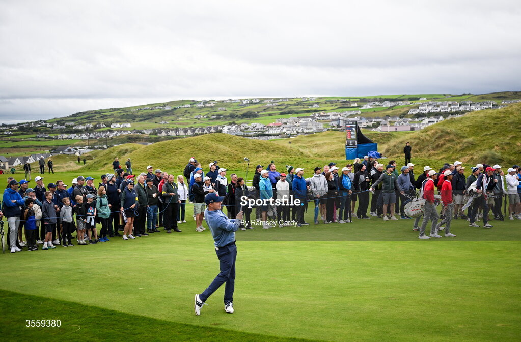 6 September 2026; Stuart Grehan of Great Britain and Ireland watches his shot on the sixth hole during the morning foursomes on day two of the 51st Walker Cup at Lahinch Golf Club in Lahinch, Clare. Photo by Ramsey Cardy/Sportsfile