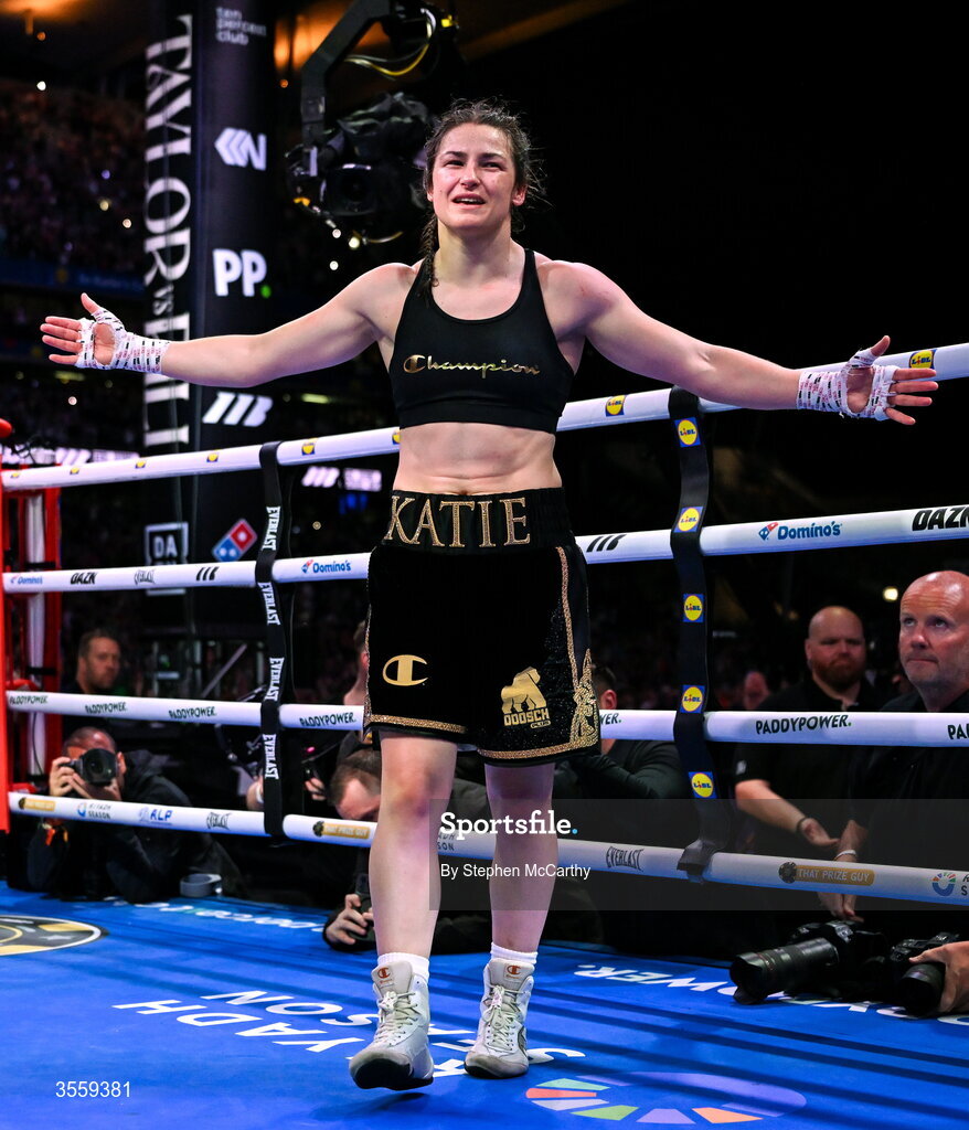 5 September 2026; Katie Taylor celebrates following her undisputed super lightweight championship fight victory over Flora Pili at the Once Upon A Time fight night in Croke Park, Dublin. Photo by Stephen McCarthy/Sportsfile