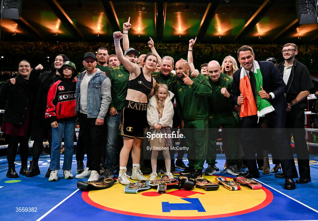 5 September 2026; Katie Taylor, her team and family celebrate following her undisputed super lightweight championship fight victory over Flora Pili at the Once Upon A Time fight night in Croke Park, Dublin. Photo by Stephen McCarthy/Sportsfile