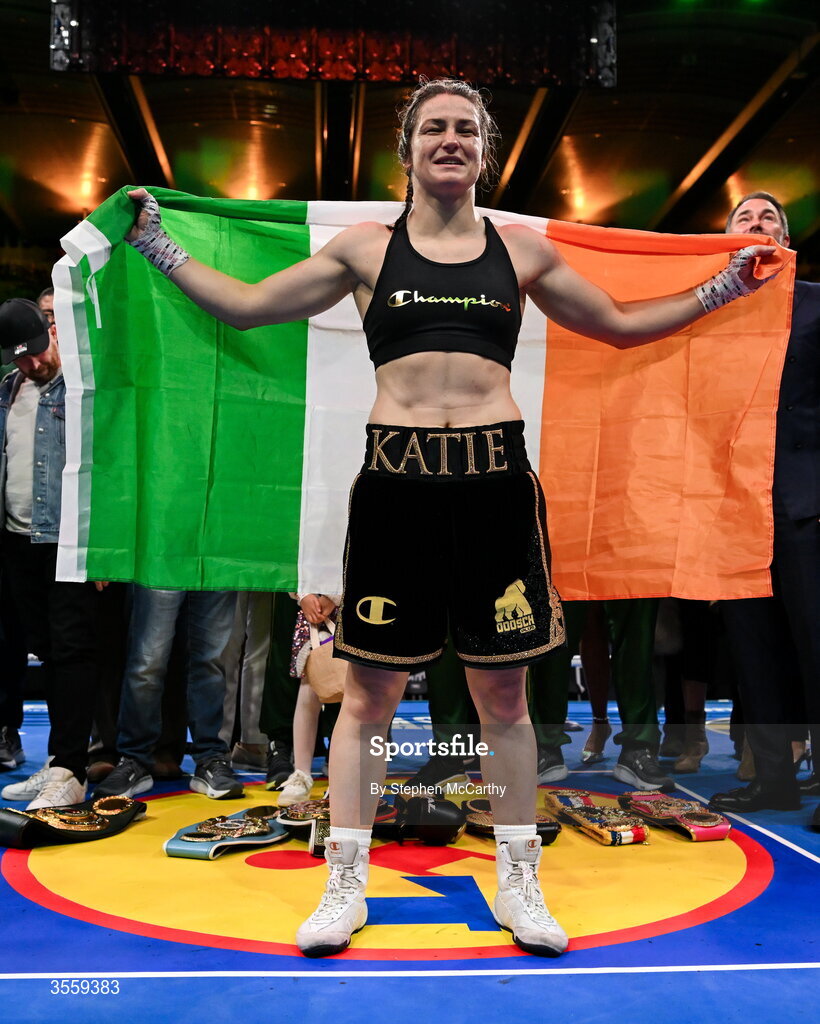 5 September 2026; Katie Taylor celebrates following her undisputed super lightweight championship fight victory over Flora Pili at the Once Upon A Time fight night in Croke Park, Dublin. Photo by Stephen McCarthy/Sportsfile