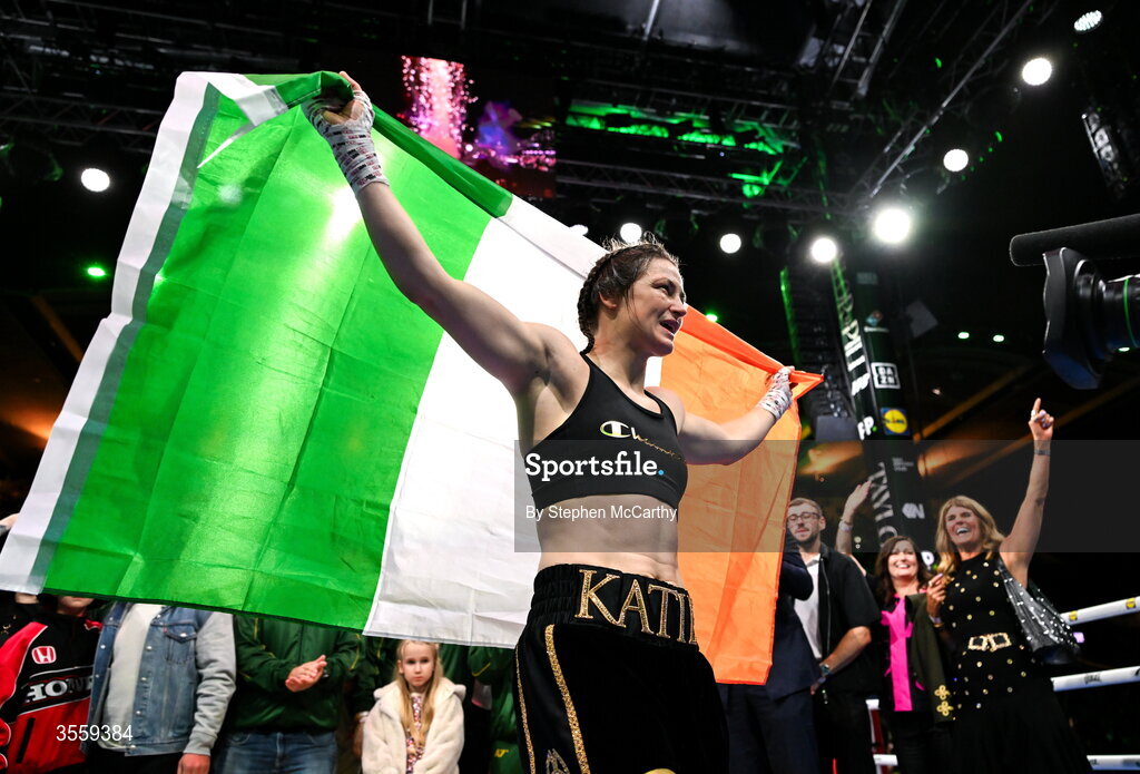 5 September 2026; Katie Taylor celebrates following her undisputed super lightweight championship fight victory over Flora Pili at the Once Upon A Time fight night in Croke Park, Dublin. Photo by Stephen McCarthy/Sportsfile