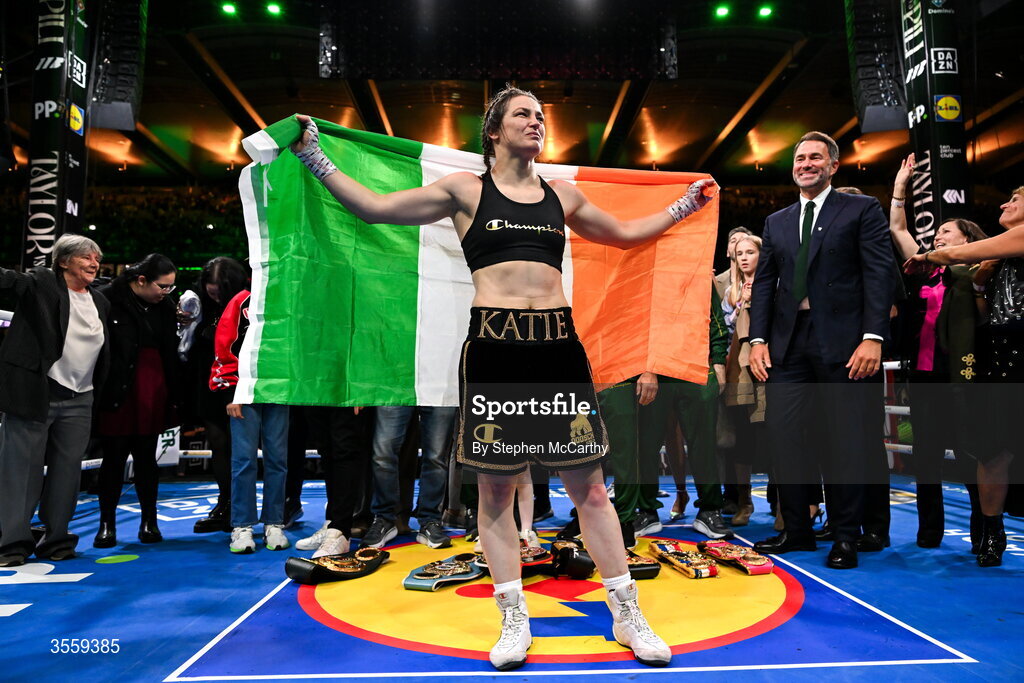 5 September 2026; Katie Taylor celebrates following her undisputed super lightweight championship fight victory over Flora Pili at the Once Upon A Time fight night in Croke Park, Dublin. Photo by Stephen McCarthy/Sportsfile