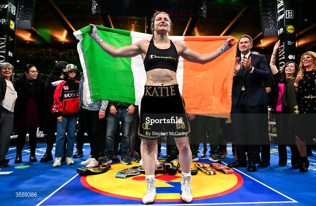 5 September 2026; Katie Taylor celebrates following her undisputed super lightweight championship fight victory over Flora Pili at the Once Upon A Time fight night in Croke Park, Dublin. Photo by Stephen McCarthy/Sportsfile