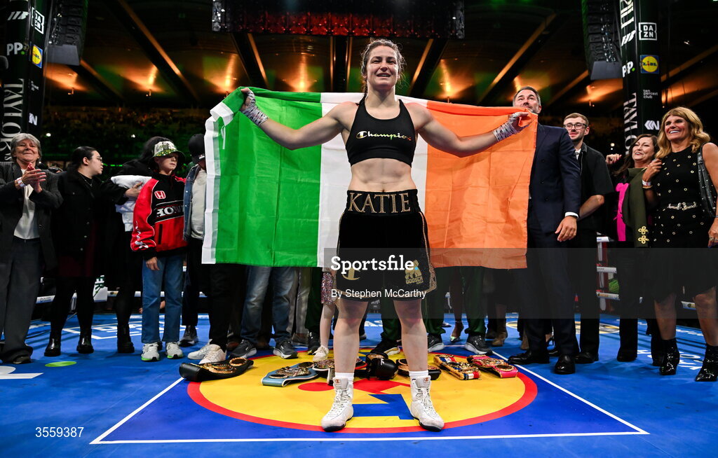 5 September 2026; Katie Taylor celebrates following her undisputed super lightweight championship fight victory over Flora Pili at the Once Upon A Time fight night in Croke Park, Dublin. Photo by Stephen McCarthy/Sportsfile