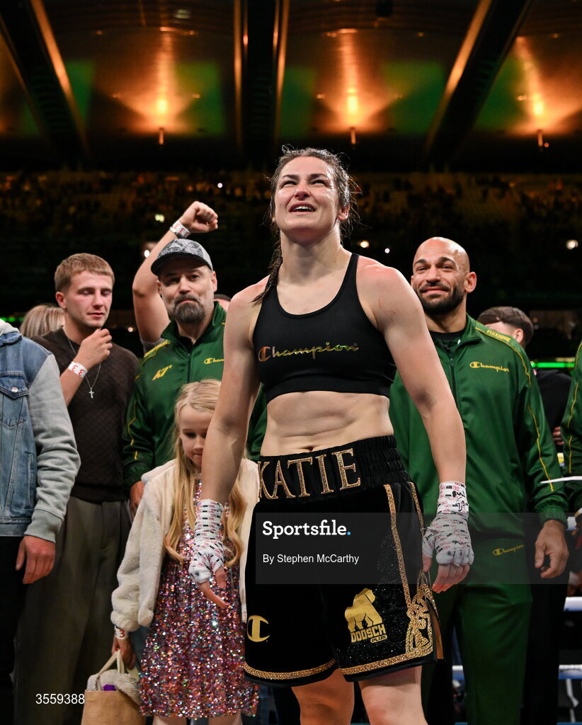 5 September 2026; Katie Taylor celebrates following her undisputed super lightweight championship fight victory over Flora Pili at the Once Upon A Time fight night in Croke Park, Dublin. Photo by Stephen McCarthy/Sportsfile