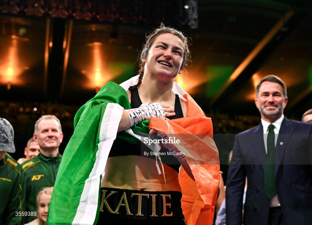 5 September 2026; Katie Taylor celebrates following her undisputed super lightweight championship fight victory over Flora Pili at the Once Upon A Time fight night in Croke Park, Dublin. Photo by Stephen McCarthy/Sportsfile