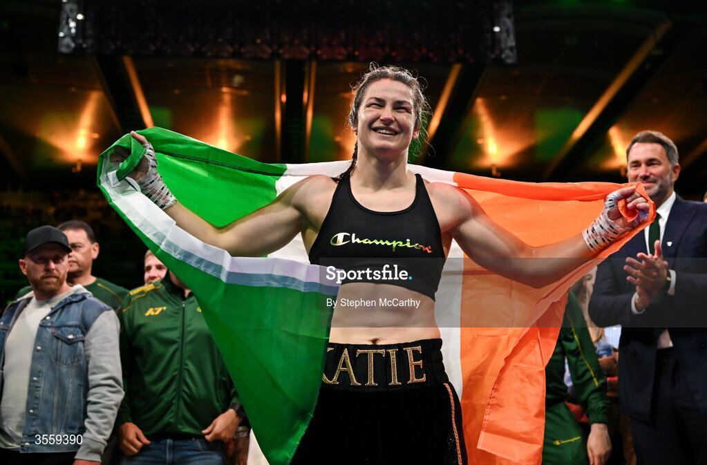 5 September 2026; Katie Taylor celebrates following her undisputed super lightweight championship fight victory over Flora Pili at the Once Upon A Time fight night in Croke Park, Dublin. Photo by Stephen McCarthy/Sportsfile