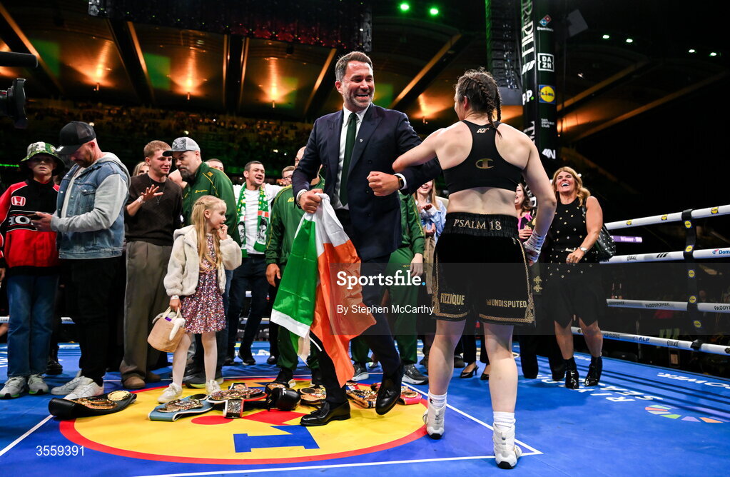 5 September 2026; Katie Taylor dances with Chairman of Matchroom Sports Eddie Hearn following her undisputed super lightweight championship fight victory over Flora Pili at the Once Upon A Time fight night in Croke Park, Dublin. Photo by Stephen McCarthy/Sportsfile