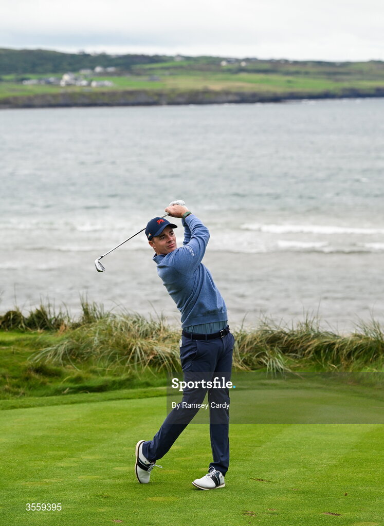 6 September 2026; Stuart Grehan of Great Britain and Ireland watches his tee shot on the seventh hole during the morning foursomes on day two of the 51st Walker Cup at Lahinch Golf Club in Lahinch, Clare. Photo by Ramsey Cardy/Sportsfile