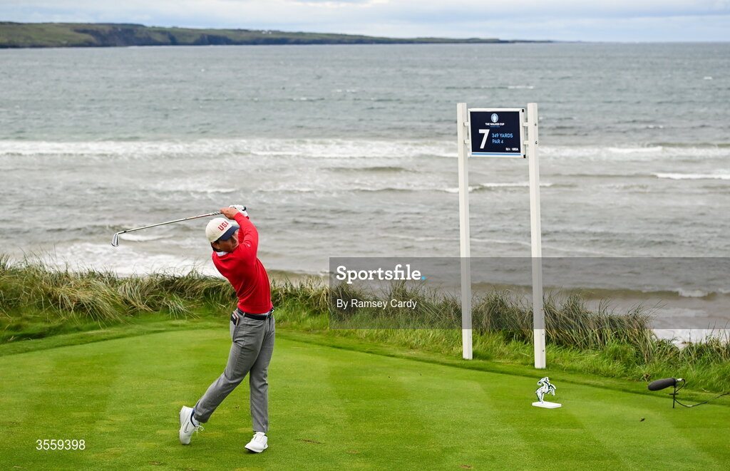 6 September 2026; Kihei Akina of USA watches his tee shot on the seventh hole during the morning foursomes on day two of the 51st Walker Cup at Lahinch Golf Club in Lahinch, Clare. Photo by Ramsey Cardy/Sportsfile