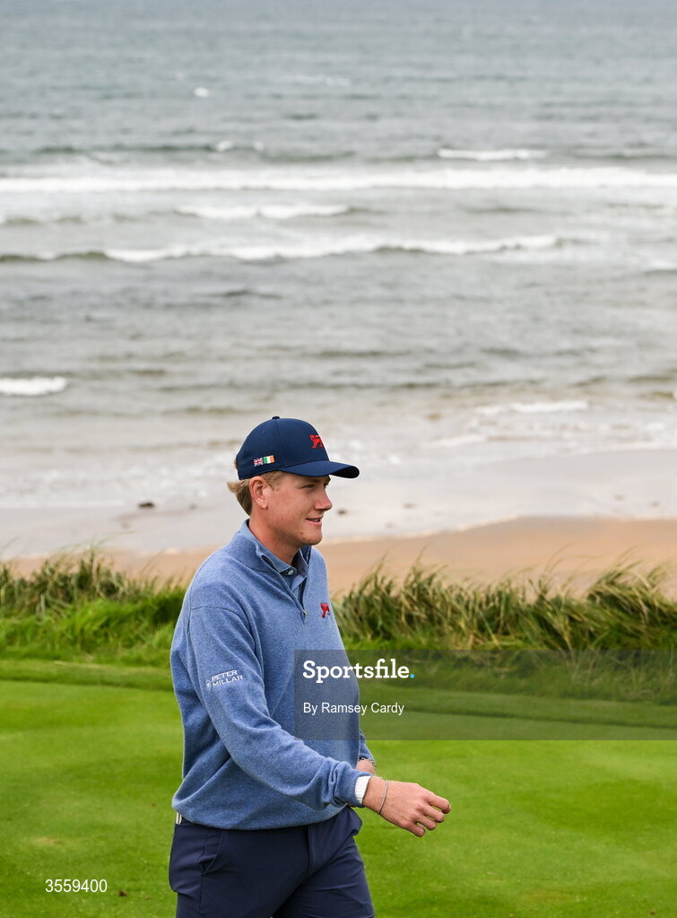 6 September 2026; Luke Poulter of Great Britain and Ireland during the morning foursomes on day two of the 51st Walker Cup at Lahinch Golf Club in Lahinch, Clare. Photo by Ramsey Cardy/Sportsfile