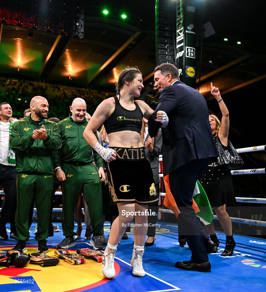 5 September 2026; Katie Taylor dances with Chairman of Matchroom Sports Eddie Hearn following her undisputed super lightweight championship fight victory over Flora Pili at the Once Upon A Time fight night in Croke Park, Dublin. Photo by Stephen McCarthy/Sportsfile