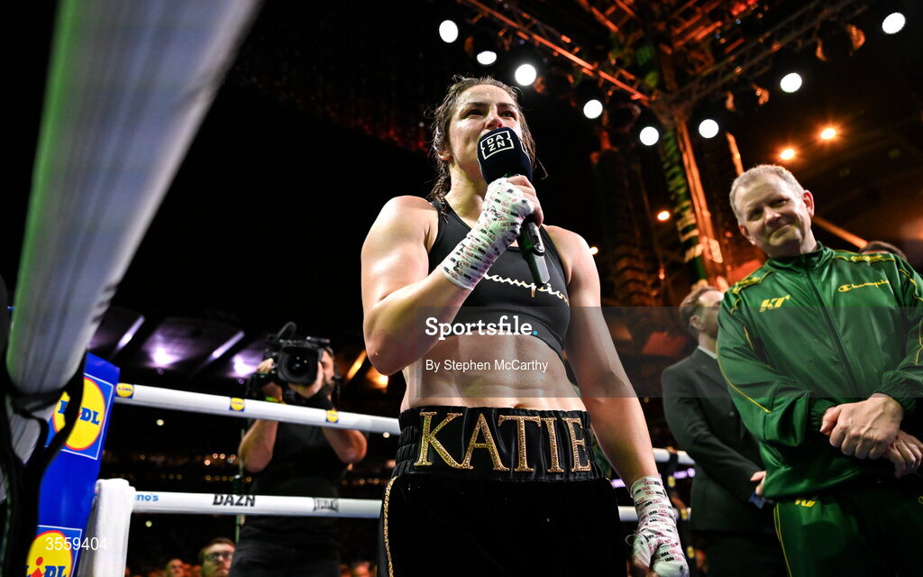 5 September 2026; Katie Taylor following her undisputed super lightweight championship fight victory over Flora Pili at the Once Upon A Time fight night in Croke Park, Dublin. Photo by Stephen McCarthy/Sportsfile