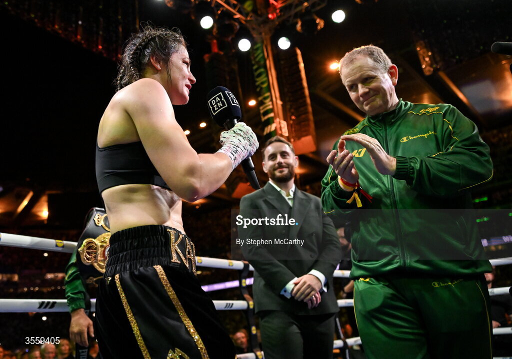 5 September 2026; Katie Taylor and manager Brian Peters following her undisputed super lightweight championship fight victory over Flora Pili at the Once Upon A Time fight night in Croke Park, Dublin. Photo by Stephen McCarthy/Sportsfile