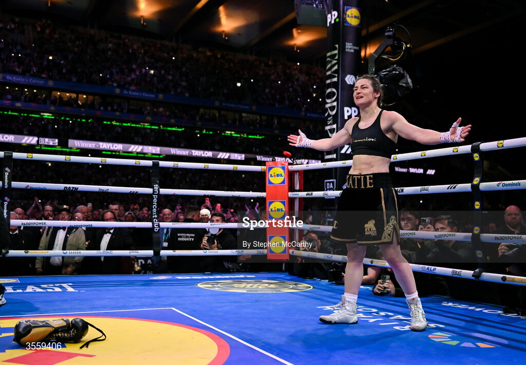 5 September 2026; Katie Taylor after placing her gloves in the centre of the ring following her undisputed super lightweight championship fight victory over Flora Pili at the Once Upon A Time fight night in Croke Park, Dublin. Photo by Stephen McCarthy/Sportsfile