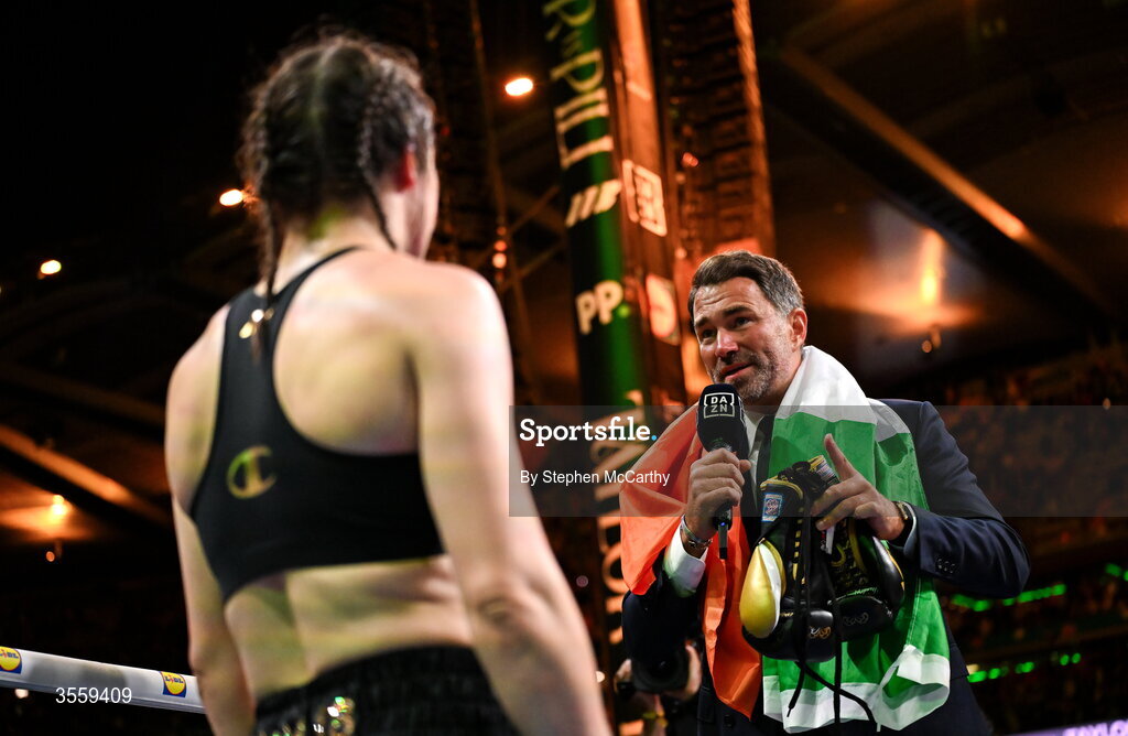 5 September 2026; Chairman of Matchroom Sports Eddie Hearn speaks towards Katie Taylor's following her victory over Flora Pili in their undisputed super lightweight championship fight at the Once Upon A Time fight night in Croke Park, Dublin. Photo by Stephen McCarthy/Sportsfile