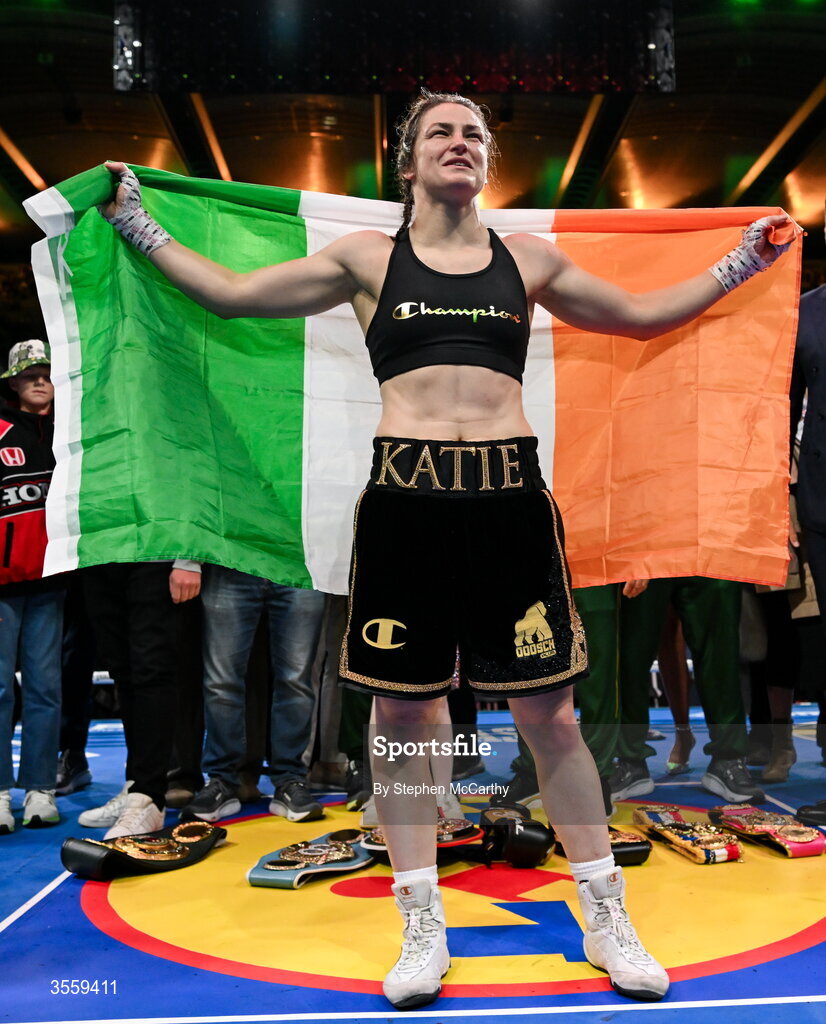 5 September 2026; Katie Taylor celebrates following her undisputed super lightweight championship fight victory over Flora Pili at the Once Upon A Time fight night in Croke Park, Dublin. Photo by Stephen McCarthy/Sportsfile
