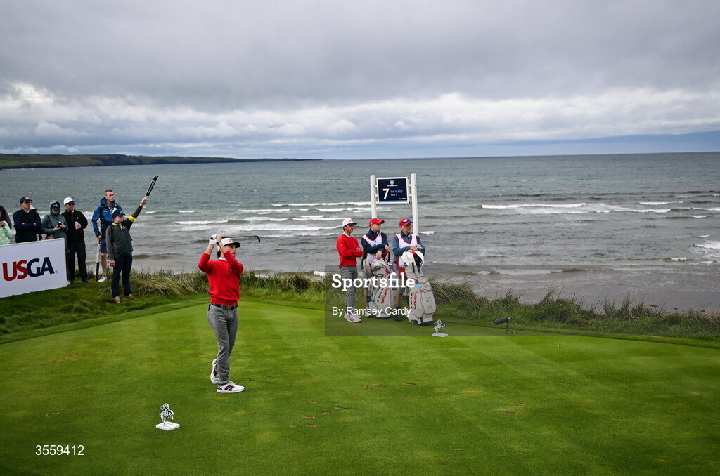 6 September 2026; Tyler Watts of USA watches his tee shot on the seventh hole during the morning foursomes on day two of the 51st Walker Cup at Lahinch Golf Club in Lahinch, Clare. Photo by Ramsey Cardy/Sportsfile
