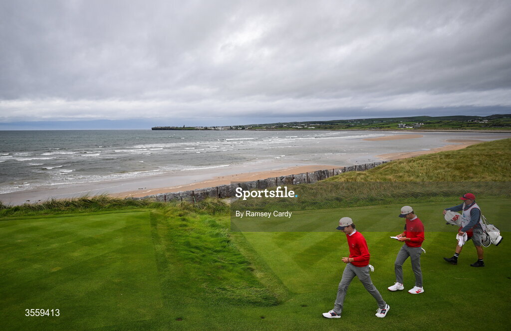 6 September 2026; Tyler Watts, left, and Miles Russell of USA make their way to the seventh tee box during the morning foursomes on day two of the 51st Walker Cup at Lahinch Golf Club in Lahinch, Clare. Photo by Ramsey Cardy/Sportsfile