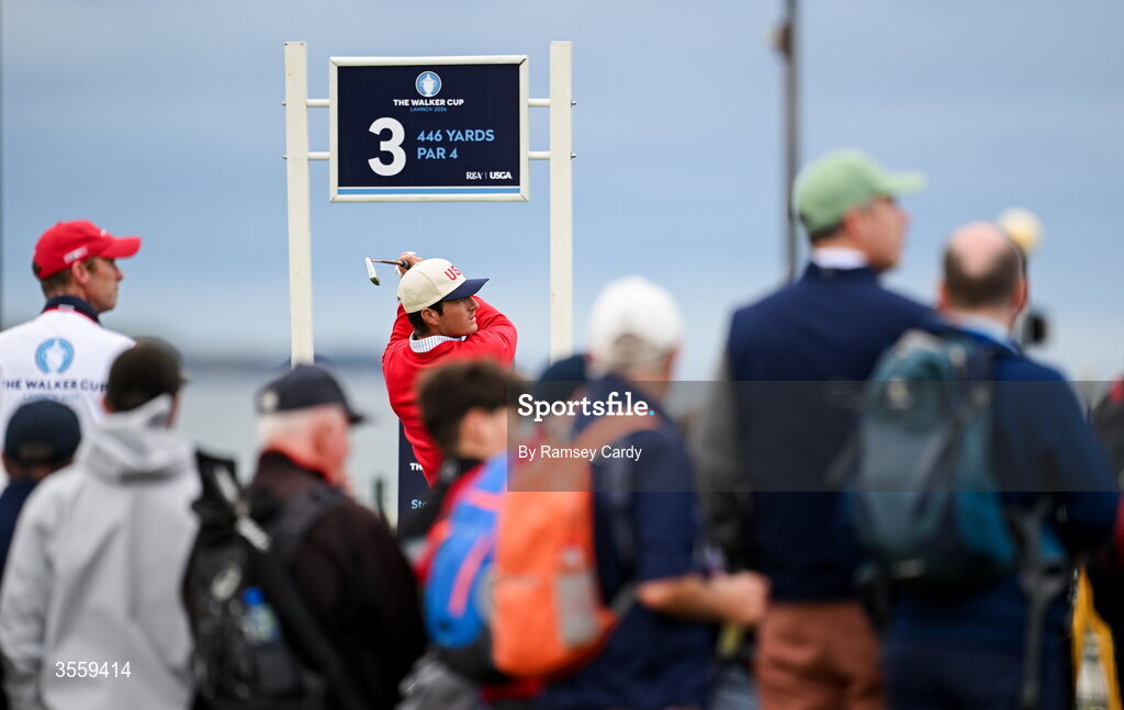 6 September 2026; Preston Stout of USA watches his tee shot on the third hole during the morning foursomes on day two of the 51st Walker Cup at Lahinch Golf Club in Lahinch, Clare. Photo by Ramsey Cardy/Sportsfile