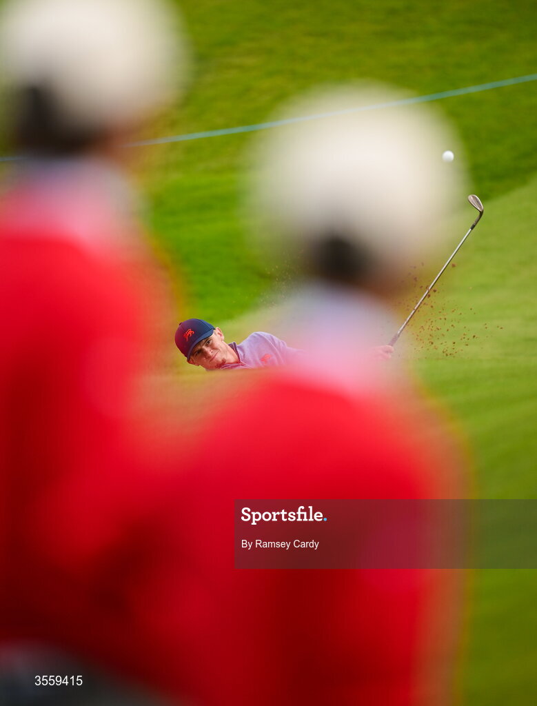 6 September 2026; Tyler Weaver of Great Britain and Ireland plays out of the bunker on the sixth hole during the morning foursomes on day two of the 51st Walker Cup at Lahinch Golf Club in Lahinch, Clare. Photo by Ramsey Cardy/Sportsfile