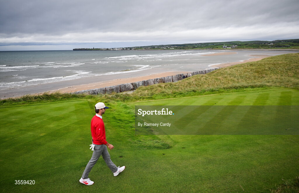 6 September 2026; Ryder Cowan of USA walks off the seventh tee box during the morning foursomes on day two of the 51st Walker Cup at Lahinch Golf Club in Lahinch, Clare. Photo by Ramsey Cardy/Sportsfile