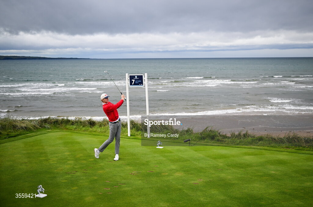 6 September 2026; William Jennings of USA watches his tee shot on the seventh hole during the morning foursomes on day two of the 51st Walker Cup at Lahinch Golf Club in Lahinch, Clare. Photo by Ramsey Cardy/Sportsfile