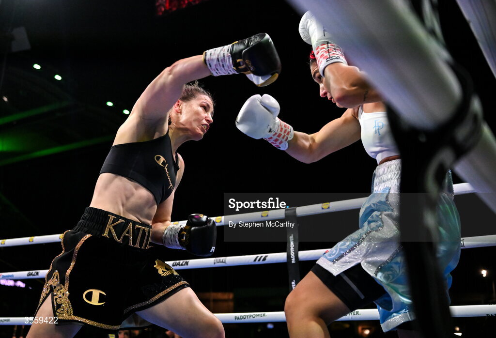 5 September 2026; Katie Taylor, left, and Flora Pili during their undisputed super lightweight championship fight at the Once Upon A Time fight night in Croke Park, Dublin. Photo by Stephen McCarthy/Sportsfile