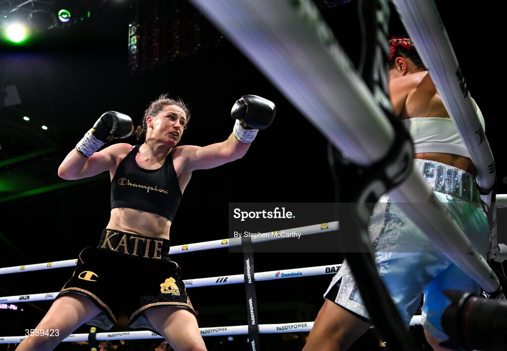 5 September 2026; Katie Taylor, left, and Flora Pili during their undisputed super lightweight championship fight at the Once Upon A Time fight night in Croke Park, Dublin. Photo by Stephen McCarthy/Sportsfile