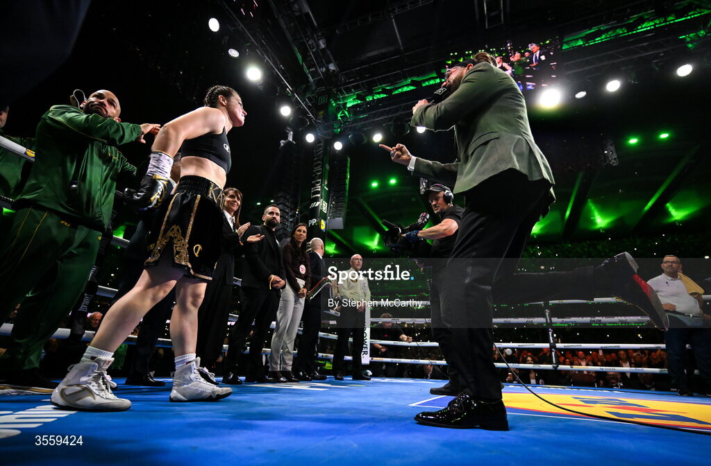 5 September 2026; Katie Taylor is introduced by MC David Diamante during her undisputed super lightweight championship fight with Flora Pili at the Once Upon A Time fight night in Croke Park, Dublin. Photo by Stephen McCarthy/Sportsfile