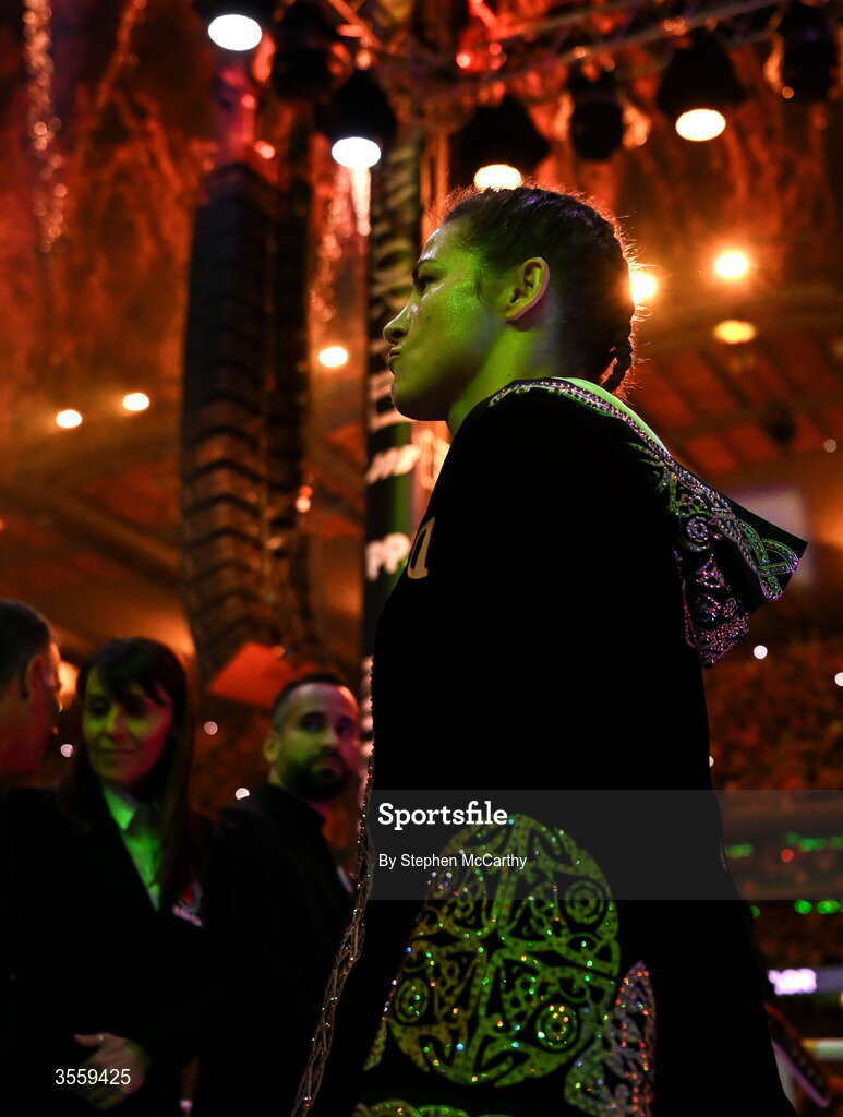 5 September 2026; Katie Taylor before her undisputed super lightweight championship fight with Flora Pili at the Once Upon A Time fight night in Croke Park, Dublin. Photo by Stephen McCarthy/Sportsfile