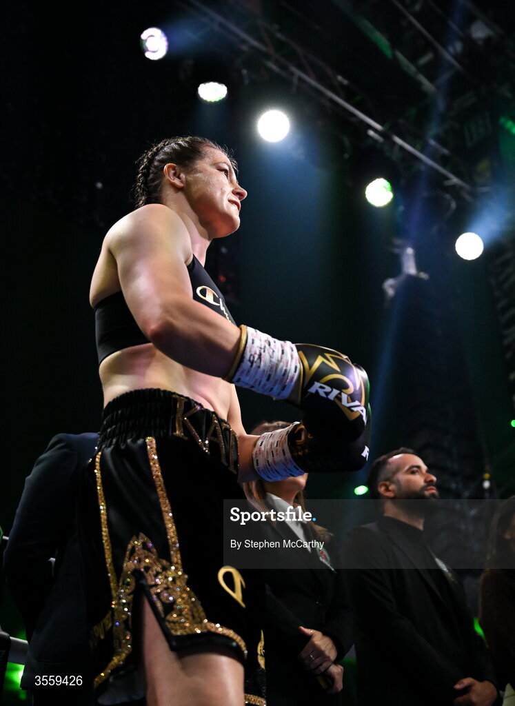 5 September 2026; Katie Taylor before her undisputed super lightweight championship fight with Flora Pili at the Once Upon A Time fight night in Croke Park, Dublin. Photo by Stephen McCarthy/Sportsfile