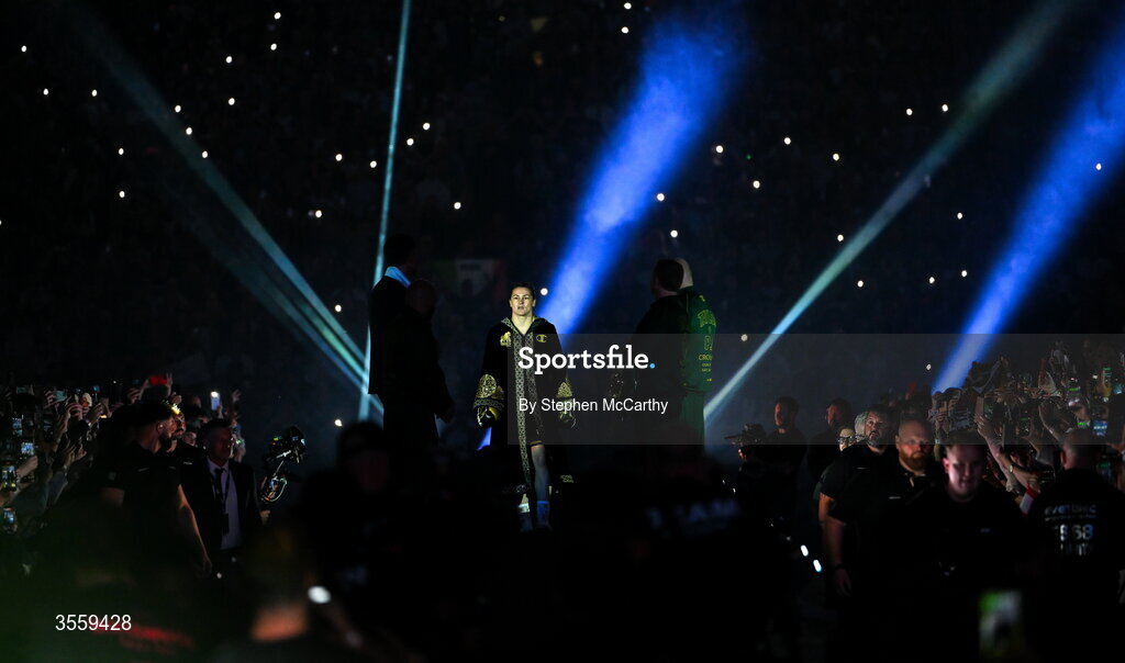 5 September 2026; Katie Taylor makes her way to the ring for undisputed super lightweight championship fight with Flora Pili at the Once Upon A Time fight night in Croke Park, Dublin. Photo by Stephen McCarthy/Sportsfile