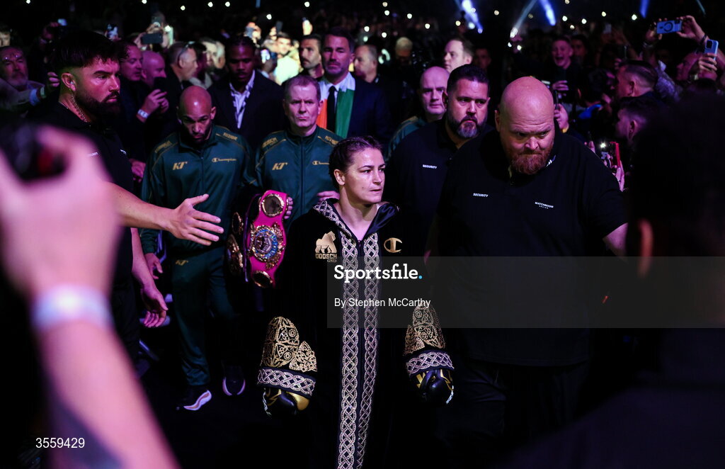 5 September 2026; Katie Taylor makes her way to the ring for undisputed super lightweight championship fight with Flora Pili at the Once Upon A Time fight night in Croke Park, Dublin. Photo by Stephen McCarthy/Sportsfile