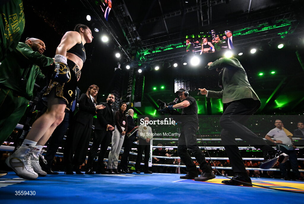 5 September 2026; Katie Taylor is introduced by MC David Diamante during her undisputed super lightweight championship fight with Flora Pili at the Once Upon A Time fight night in Croke Park, Dublin. Photo by Stephen McCarthy/Sportsfile