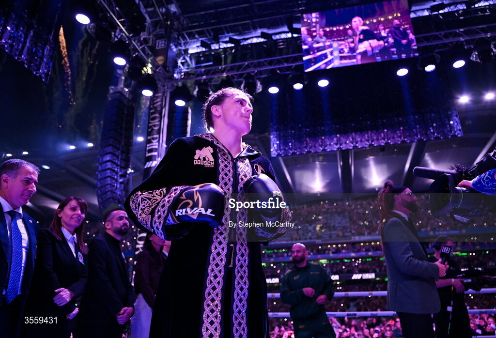 5 September 2026; Katie Taylor before her undisputed super lightweight championship fight with Flora Pili at the Once Upon A Time fight night in Croke Park, Dublin. Photo by Stephen McCarthy/Sportsfile